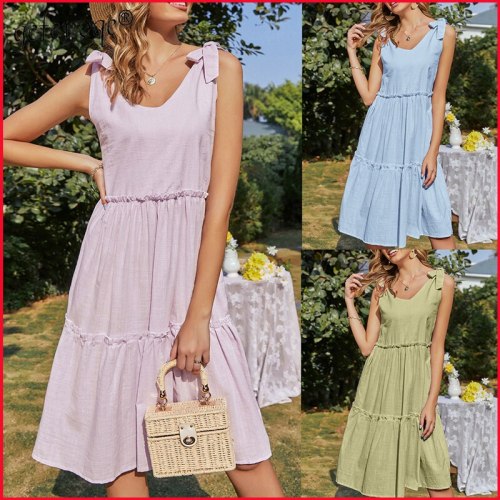2021 Women Summer Tie Bow Dress Holiday Solid Ruched Backless Sleeveless Ruffle Beach