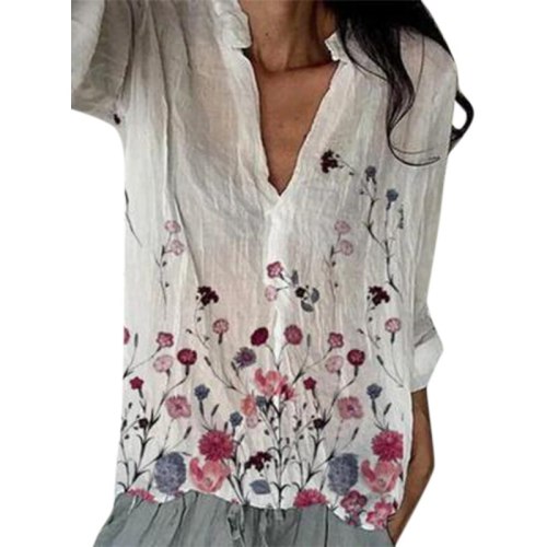 Plus Sizes Womens Tops Floral Printed White Button Long Sleeves V Collar Loose Long Shirts Vintage Ladies Top Clothing Fall