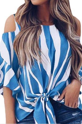Fashion Women Cold Off Shoulder Stripe Loose Tops Butterfly Short Sleeve O Neck Summer Autumn Casual Baggy Tie Knot Blouse Shirt