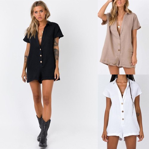 Solid Single Breasted Cotton Short Sleeve Casual Romper