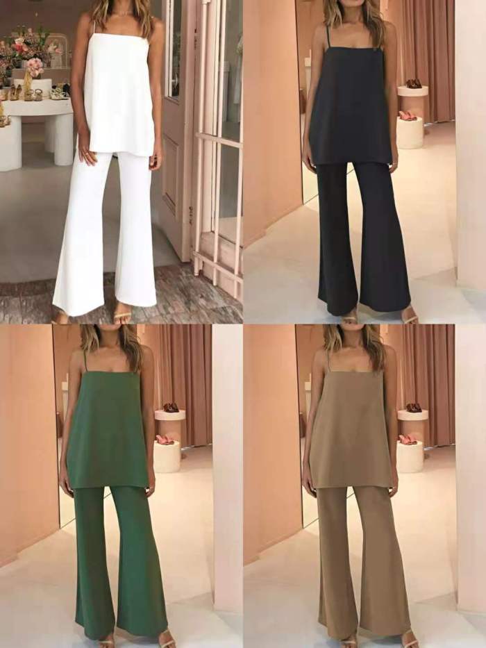 2021 New Product Fashion Sexy Solid Color Simple Suit Suspender Top Plus + Flared Pants Women