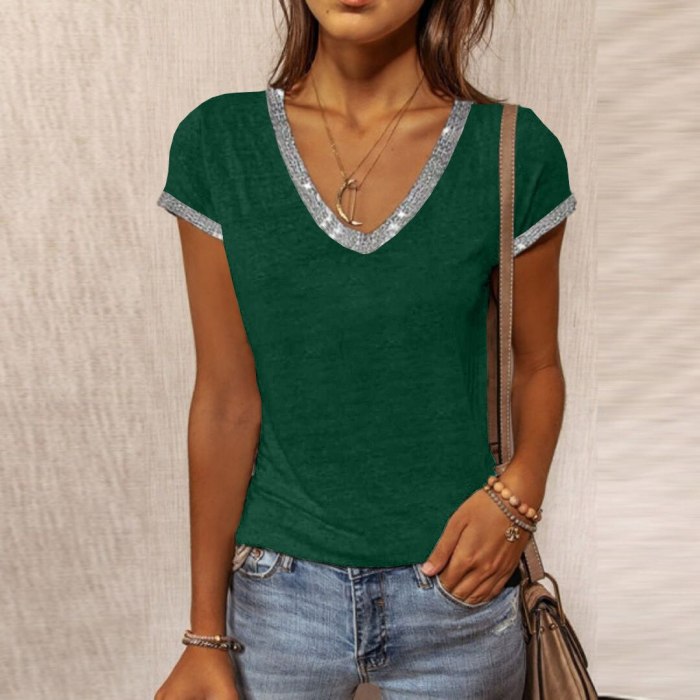 Summer Fashion Women's V-neck Solid Color Slim Short-sleeved T-shirt Casual and Comfortable T-shirt Female Plus Size S-5XL