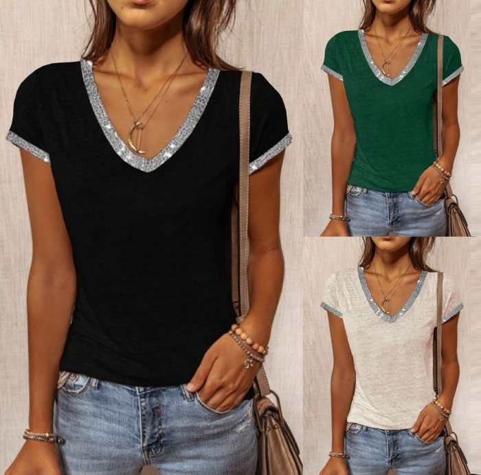 Summer Fashion Women's V-neck Solid Color Slim Short-sleeved T-shirt Casual and Comfortable T-shirt Female Plus Size S-5XL