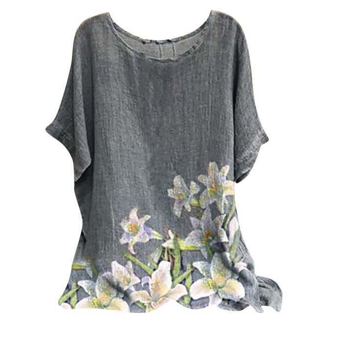 Fashion Summer Tops For Women 2021 Woman Vintage Cotton-blend O-neck Short Sleeve Floral Print Top T-shirts