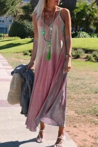 Boho Long V-neck Dress for Women Bohemian Style Women's Beach Dresses Casual Sleeveless Printed Maxi Tank Color Gradient Dress