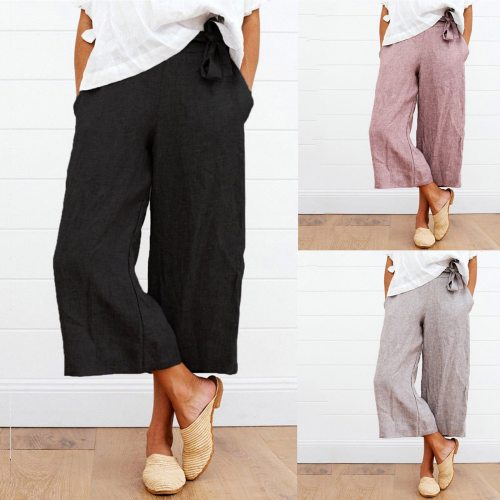 2021 Women's Tie Cotton And Linen Wide Leg Pants Female Pure Color Summer Drawstring Loose Cropped Casual Calf-Length Trousers