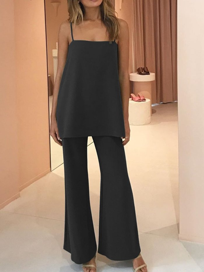 2021 New Product Fashion Sexy Solid Color Simple Suit Suspender Top Plus + Flared Pants Women