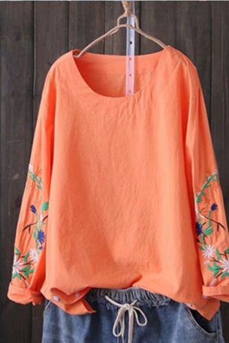 2021 Spring And Summer Loose Top Shirt Women Cotton Linen Embroidered Long-Sleeved Blouse Women'S O-Neck Ladies Shirt