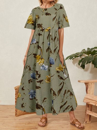 2021 Hot Female Fashion Summer Maxi Printed Sundress Casual Short Sleeve High Waist Dress Plus Size