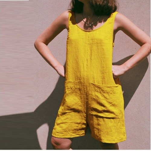 2021 New Summer Women Playsuit Fashion Solid Color Boho Casual Pocket Sleeveless Short Jumpsuit Cotton Linen Beach Rompers Lady