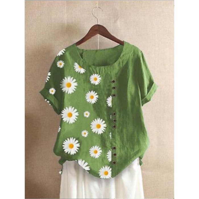 Summer women's flax shirt daisy Floral print O-Neck Short Sleeve women blouses 5xl plus size blouse loose vintage tops