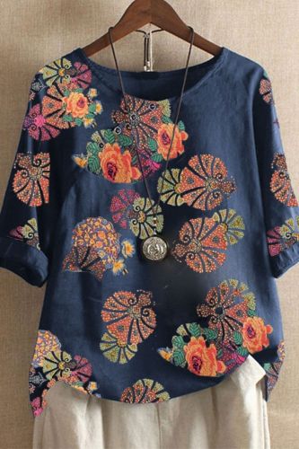 Autumn Casual Three-Quarter Sleeve Shirt 2021 Women Elegant O-Neck Cotton Linen Blouse Plus Size Button Print Pullover Top Blusa