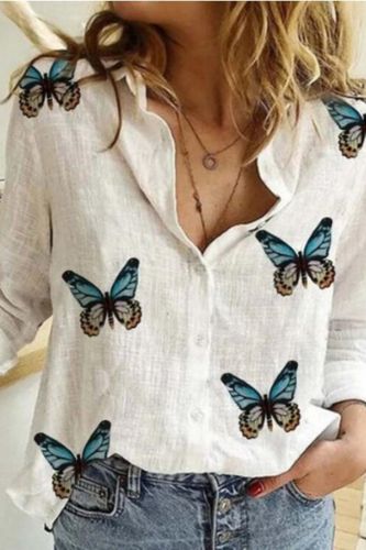 Butterfly Print Cotton Linen Women'S Blouses Autumn Long Sleeve Blouse Shirts Ladies Fashion Sexy V-Neck Plus Size Top