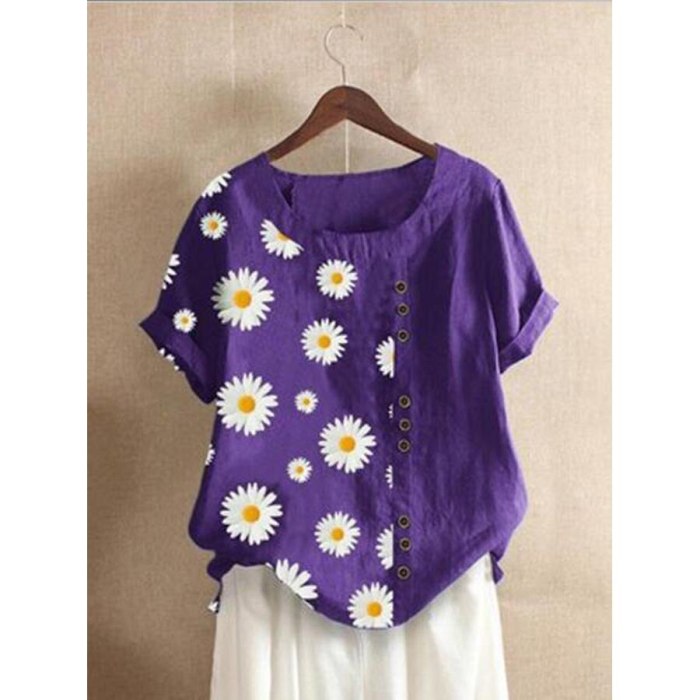 Summer women's flax shirt daisy Floral print O-Neck Short Sleeve women blouses 5xl plus size blouse loose vintage tops