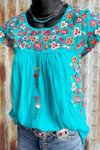 40# Summer Boho Blouse Womens Casual Floral Print Loose O-neck Short Sleeve Tanic Shirt Blouse Tops Summer Casual Tops Tee