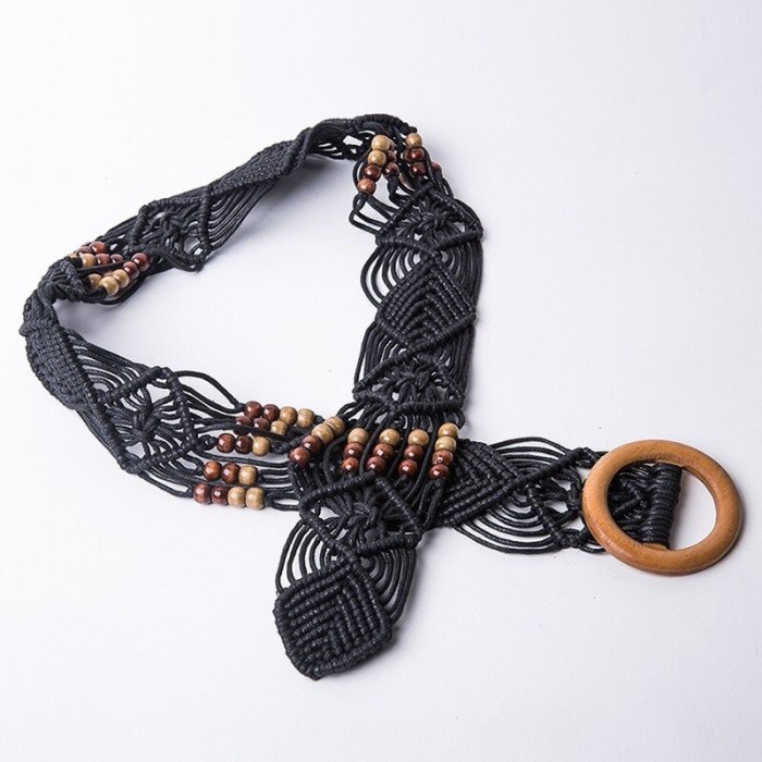 Braid Waist Belt with Bead for Women Dress Wood Buckle Funky Stylish Trendy Strap