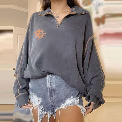 New Autumn Winter Letter Print Pullovers Shirt Tops Casual Long Sleeve Solids Loose Blouse Women Zip Lapel Blouse Sweatshirt