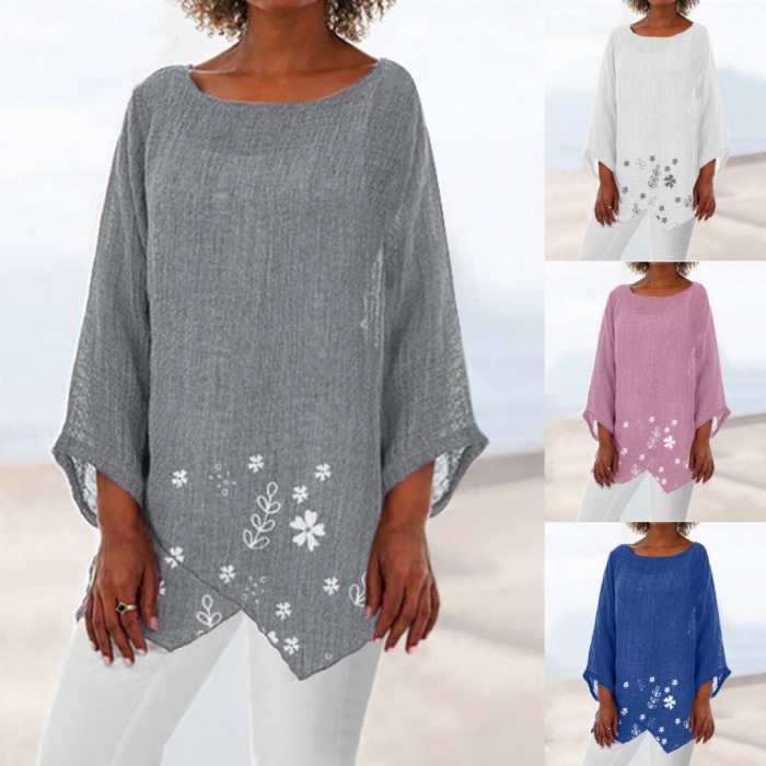 Women's Summer Long Sleeve Printed Round Collar Loose Cotton Linen Casual T-Shirt Tops рубашки женские женские футболки#2