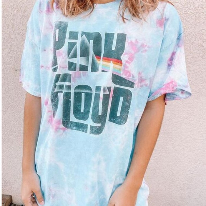 Tie Dye Letter Print Vintage Stylish Oversized T Shirt for Women O Neck Loose Short Sleeve Chic High Street Woman Tshirts Summer