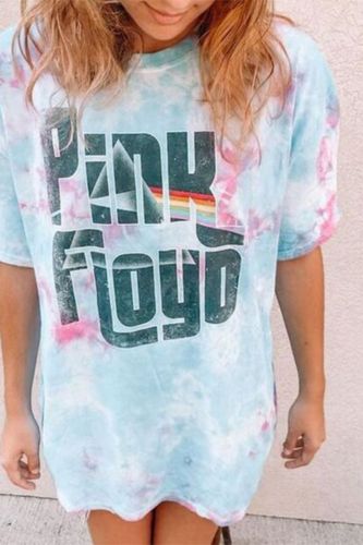 Tie Dye Letter Print Vintage Stylish Oversized T Shirt for Women O Neck Loose Short Sleeve Chic High Street Woman Tshirts Summer