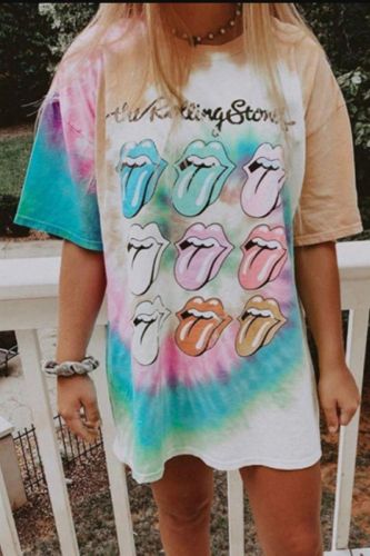 4XL Sexy Lip Funny Fashion Shirt Summer Loose O-Neck Colorful Graphic T Shirt Women Tops Loose O-neck Tie Dye Tees Kiss Tshirts