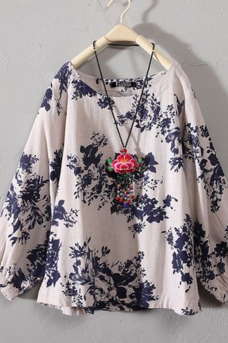 Vintage Boho Floral Printing Blouse Women Soft Cotton Long Sleeve Loose Pullover Plus Size Shirts