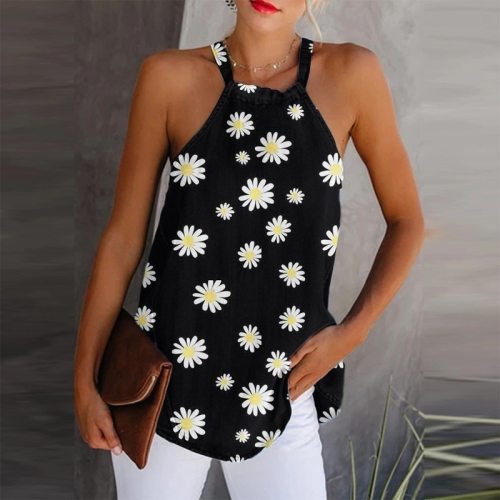 New Women Daisy Print Elegant Halter Tops Summer Sleeveless Blouse Linen Blouses Shirt Women Plus Size Sexy Streetwear Tops