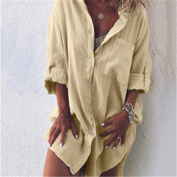 2021 Plus Size Women Shirt Autumn Fashion Rollable Sleeve Midi Blouse Shirts
