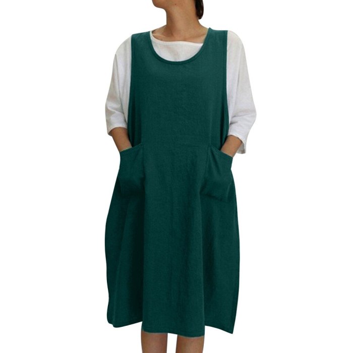 2021 National Style Vintage Women's Dress Cotton Round Neck Loose Casual Sleeveless Vest Dresses Pocket Midi Plus Size Maternity