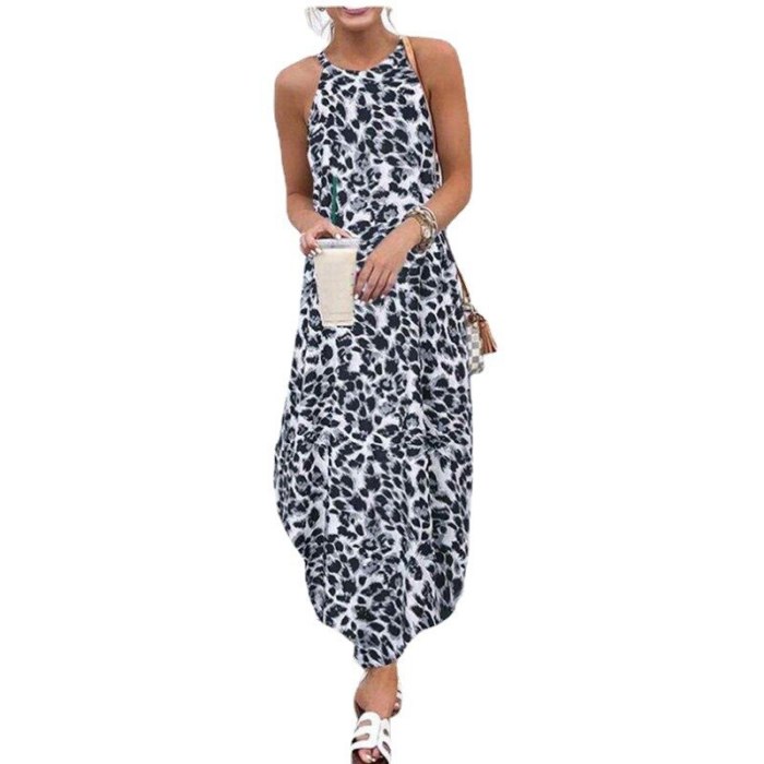 Women Sexy Leopard Dresse Summer Beach Irregular Dress 2021 Evening Party Halter Maxi Dress