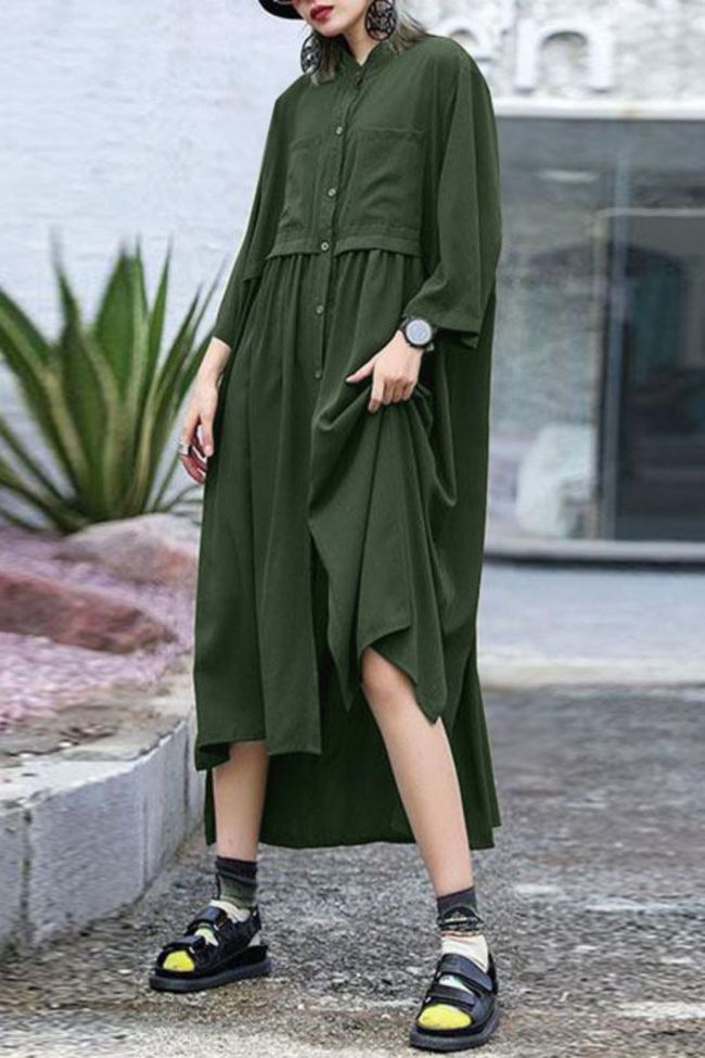 Solid Color Dress Women's Fashion Loose Cardigan Button Solid Color O-neck Long Sleeve Dress Plus Size Fashion Dress платье