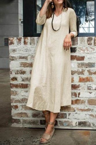 Length Women Solid Dress Pocket V-neck Loose Waist Casual Vintage Dresses Three Quarter Sleeve Washing Cotton Plus Size 5XL