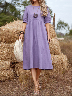 National Style Retro Quality Pullover Solid Color Loose Waist Mid-Length Purple Cotton Linen Cotton Dress