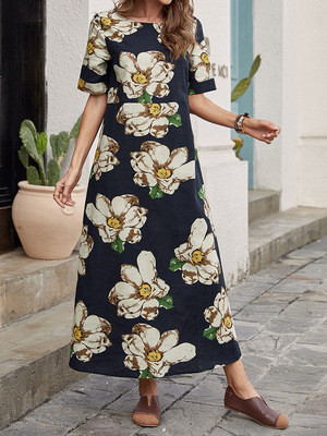 2021 Spring And Summer Loose Waist Pullover Cotton Black Midi Skirt Printed Dress
