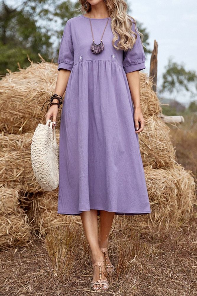National Style Retro Quality Pullover Solid Color Loose Waist Mid-Length Purple Cotton Linen Cotton Dress