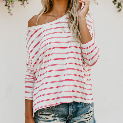 Fall 2021 New Women'S Hot Style Striped Slanted Shoulder Long-Sleeved Loose Casual T-Shirt