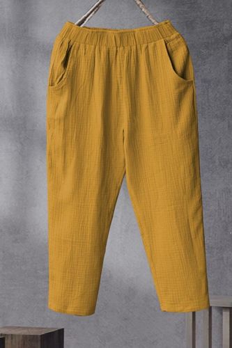 2021 Solid Big Pocket Casual Pants New Elastic Waist Loose Thin Summer Autumn Cotton and Linen Ankle-length Pants