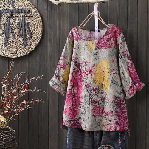 2021 New Women Vintage Cotton Linen Top Spring Floral Printed Blouse Ruffle Sleeve Shirt Casual Tunic Lace Patchwork Blusa