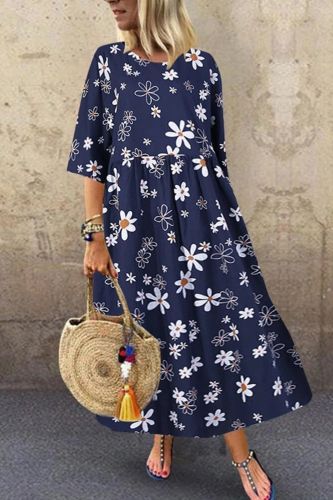 Fall 2021 New Women'S Round Neck Dress Loose And Thin Printed Half Sleeve Dress Women