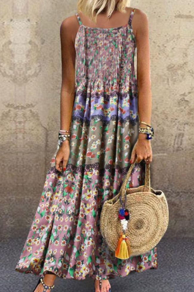 Women Vintage Bohemian Summer Dress Print Floral Sleeveless O-Neck Straps Mid-Calf Dress Casual Elegant Party Dress Vestidos