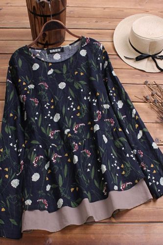 Women Boho Floral Printed Blouse Vintage Casual O Neck Long Sleeve Tops Fashion Loose Plus Size Blouse платье рубашка