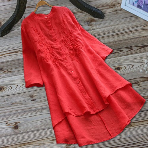 Plus Size Mandarin Collar Long Sleeve Dresses 2021 Women Embroidered Spring Autumn Ladies Linen Tops Oversized 5Xl