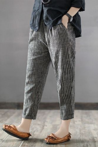 2021 Women High Elastic Waist Long Stripe Harem Pants Loose Trousers Cotton Linen Pencil Pantalon Casual Turnip Plus Size