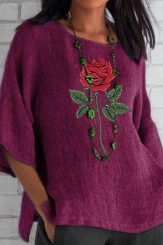 Women Blouse Shirts 2021 Autumn Elegant Vintage O-Neck Flower Print Tops Female Casual Three Quarter Flare Sleeves Blouses Blusa