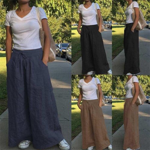 Fashion Bottoms for Women Eid Mubarak Dubai Saudi Arabia Solid High Waist Casual Islamic Clothing Abaya Baggy Pants