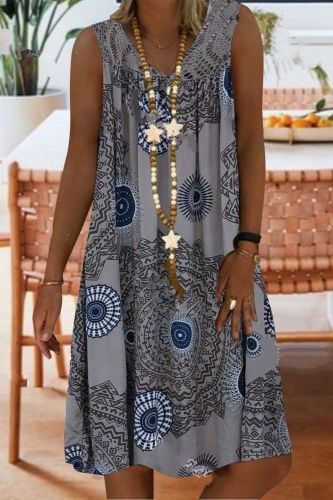 Large Size Women's Summer New Lace Stitching Printing Deep V-neck Sleeveless Dress