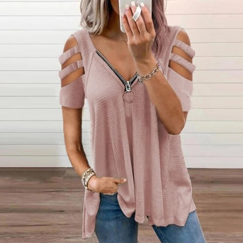 Summer Elegant Hollow Out Casual V-Neck Zipper Pullover T-shirts