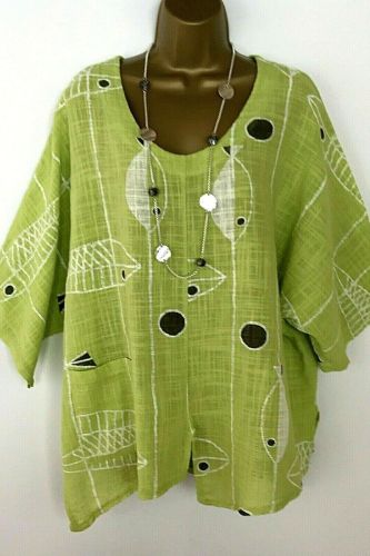 New Women Printed Fish Green T-Shirt Mujer Three Quarter Sleeve Breathable Soft Cotton Linen Tops Tees Plus Size 4XL 5XL Pockets