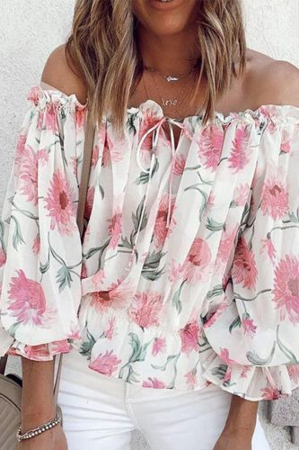 Elegant Floral Print Blouse Shirts Women 2021 Summer Sexy Slash Neck Pullover Tops Lady Casual Loose Lantern Long Sleeve Blusa