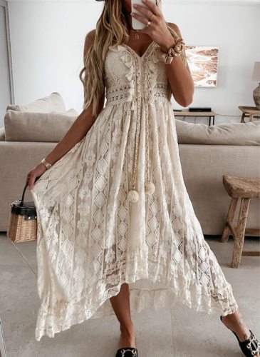 Women Lace Strap Dress Sleeveless V-neck Hollow Out White Sexy Beach Braid Tassel Long Dresses Party Evening Clothing Lady